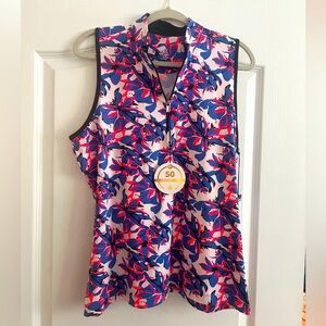 NWT Ladies TAIL Neon Coral Blue Floral Flares Sleeveless Golf Shirt XL